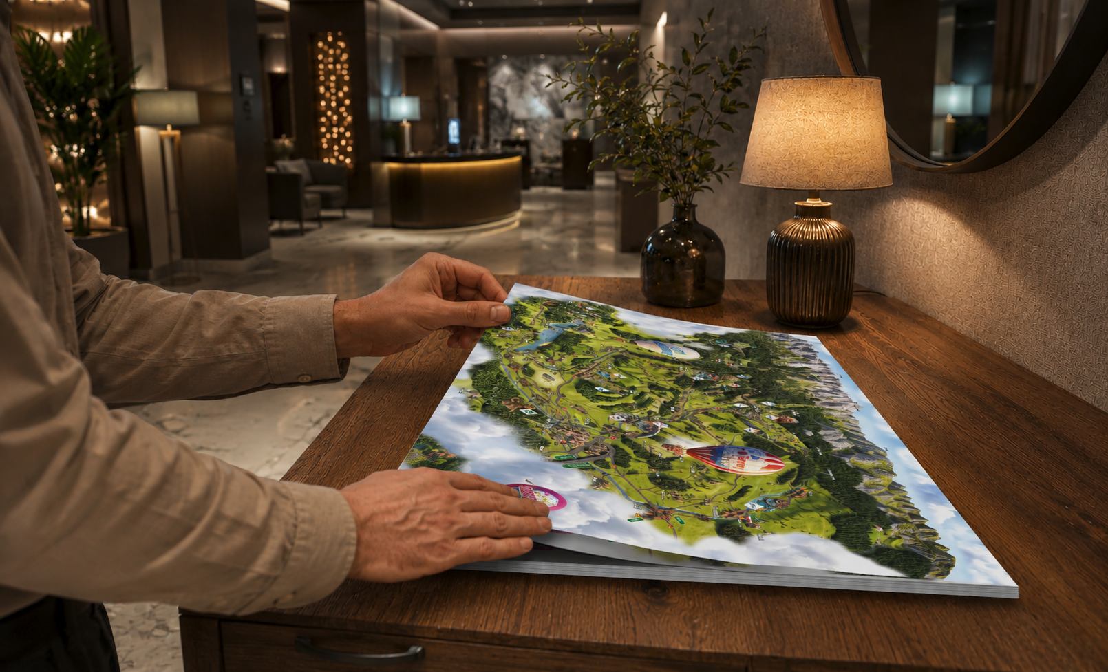 Wyrywanie kartki z bloku w hotelowym lobby